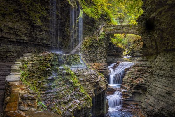 Wide shot of the Watkin glen gorge and some of its waterfalls
