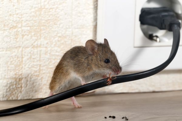 Mouse chewing on a wire plugged into the wall behind it