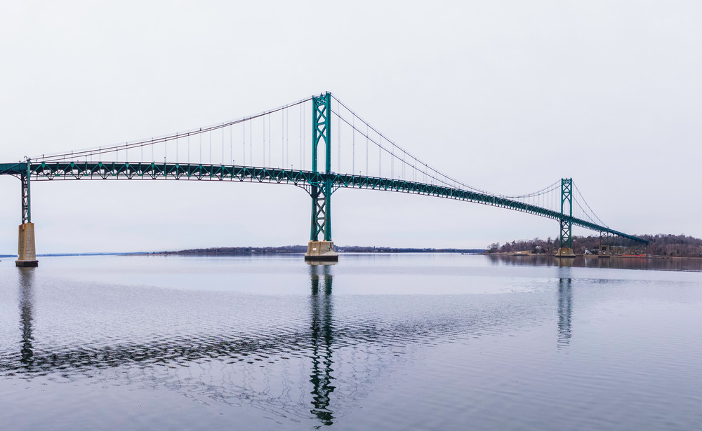 Mount Hope Bridge in Bristol, Rhode Island over the Foggy Mt Hope Bay