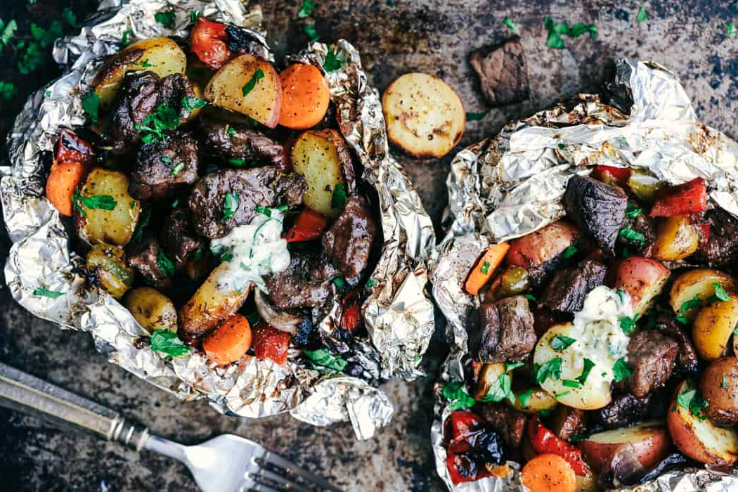 campfire foil pack recipes - Butter Garlic Herb Steak Foil Packets