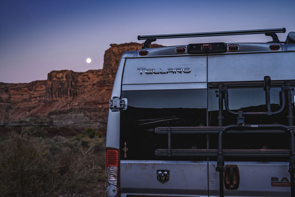 best Class B RVs back of a Tellaro logo showing at night