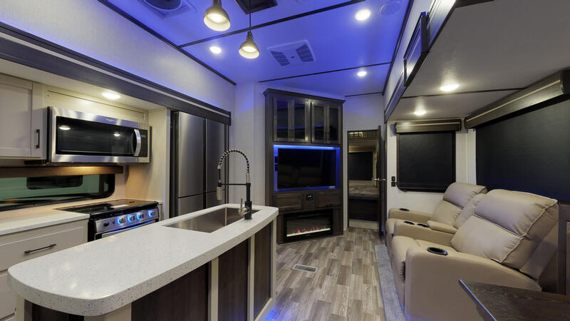 The view from the main door of the Crossroads Cruiser fifth wheel with front living. 
