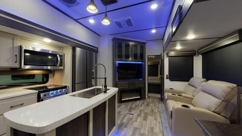 Crossroads Cruiser Entry View The view from the main door of the Crossroads Cruiser fifth wheel with front living.