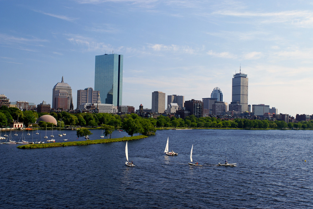 Sailboats on the Charles River with Boston’s Back Bay skyline
