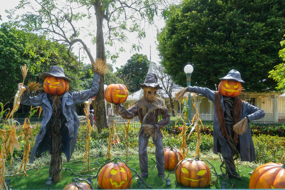 Scarecrow and Halloween pumpkin in an outdoor garden