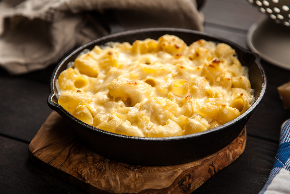 Mac and cheese in a cast iron skillet