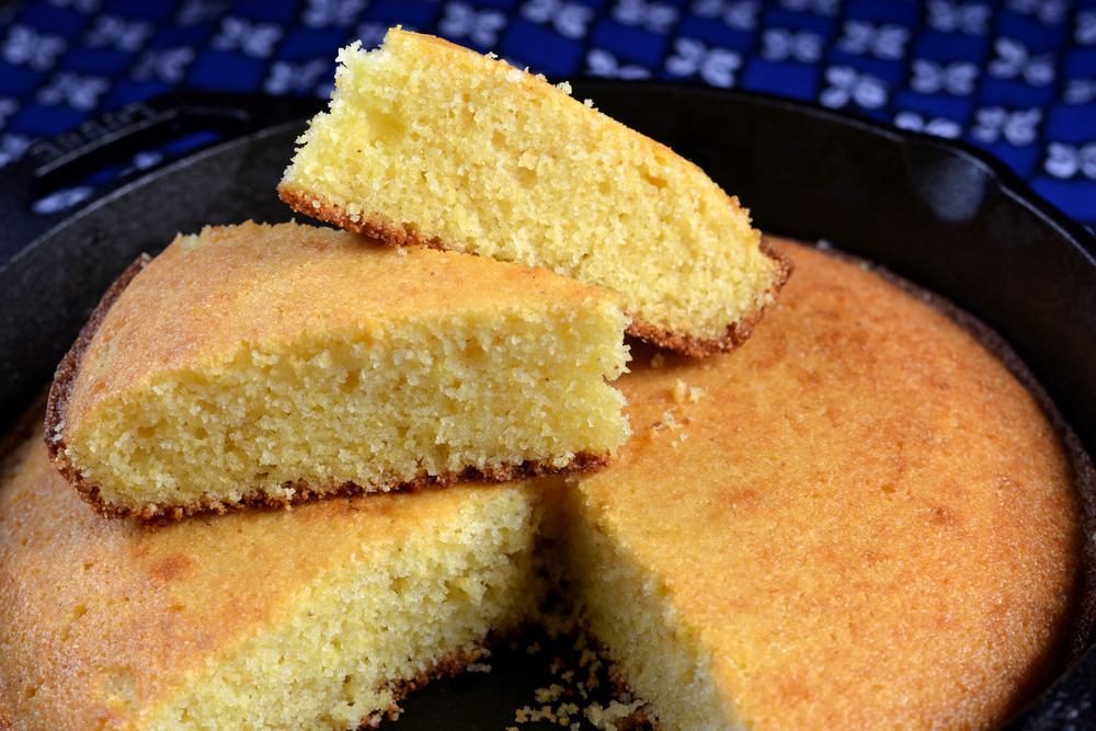 buttermilk cornbread served in a cast iron skillet