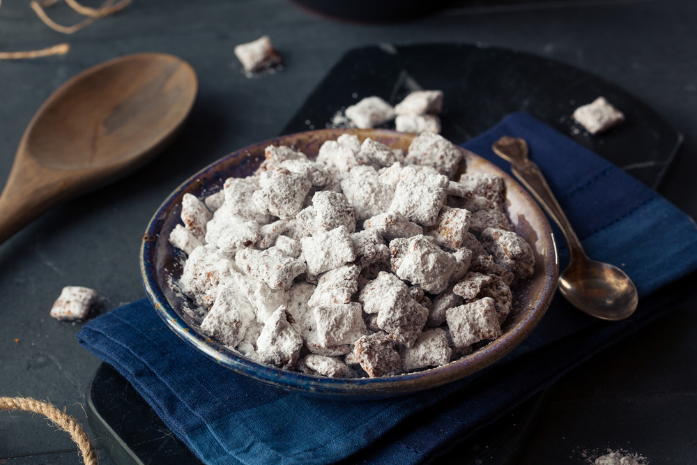 Puppy chow covered with powdered sugar