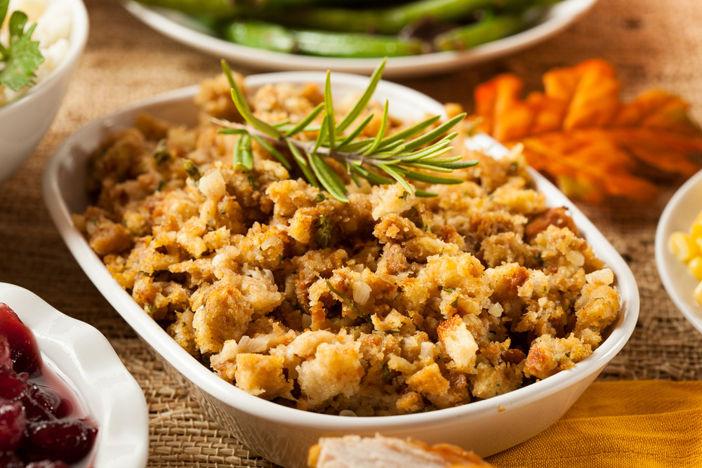 Thanksgiving stuffing topped with rosemary