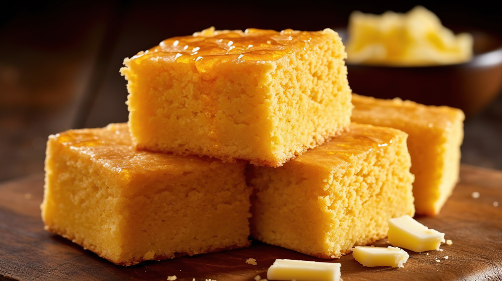 Pumpkin cornbread squares topped with honey