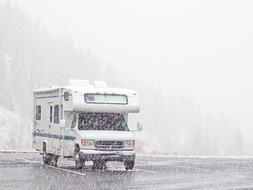 RV parked in the middle of a blizzard