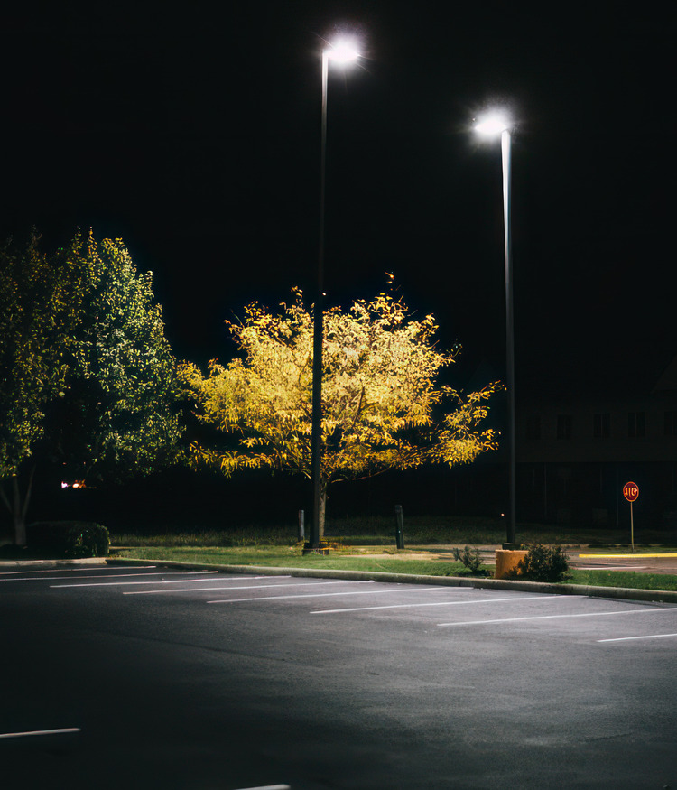 Empty parking lot lit by street lights