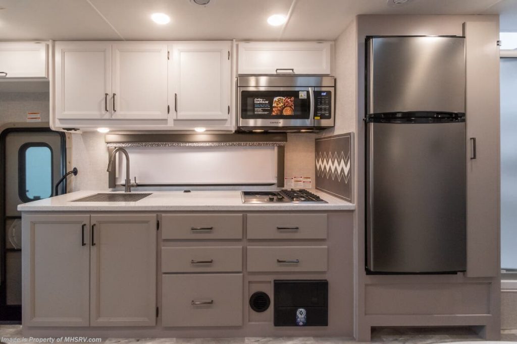 Jim Harbaugh’s RV  interior kitchen area with  12v refrigerator
