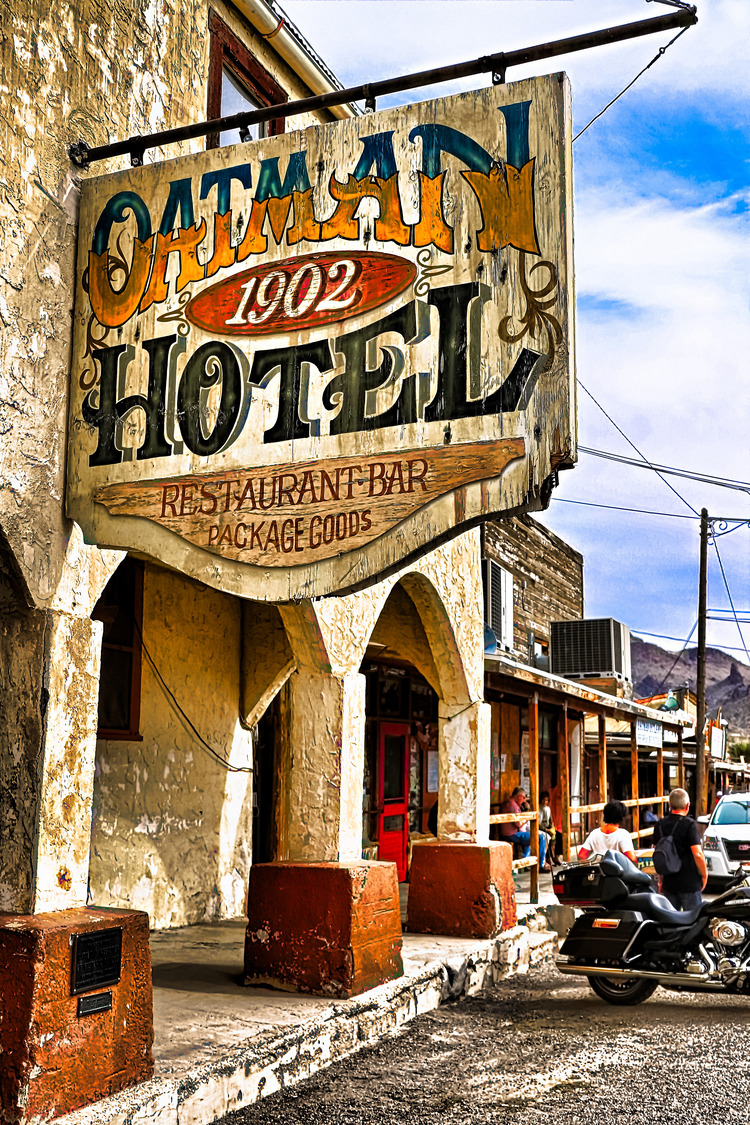 The historic Oatman Hotel sign in the beautiful small town of Oatman, Arizona
