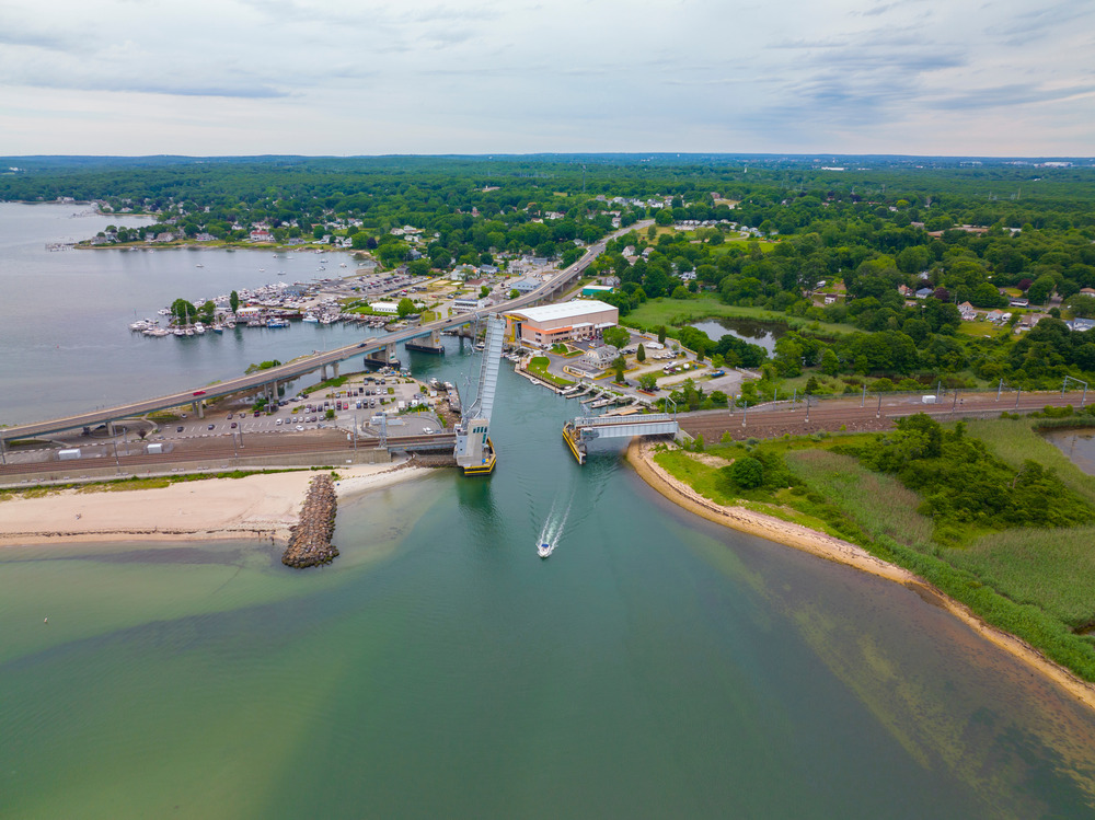 Niantic Beach Railroad Bridge aerial view in a cloudy day between Niantic River 