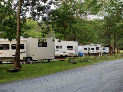 A series of fifth wheel RVs lined up on their spots at a campground