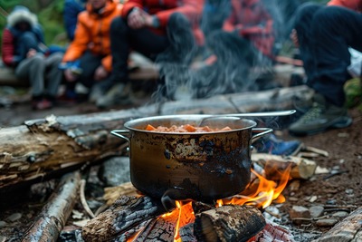 Stew cooking over the campfire