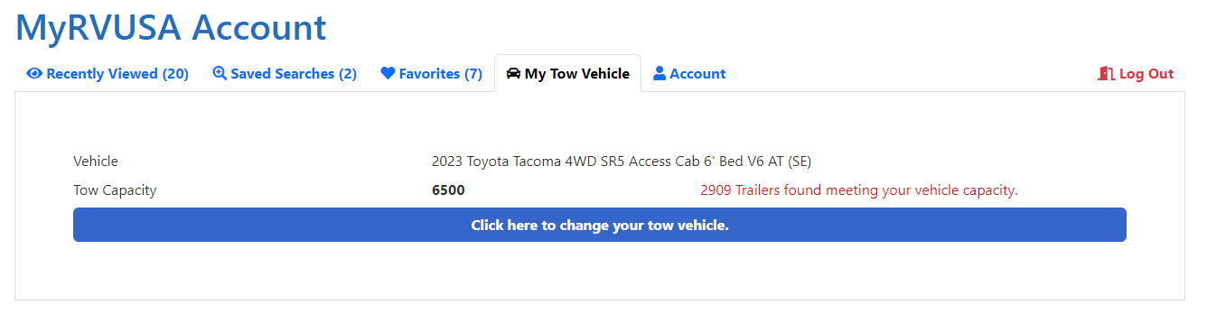 Saved Tow Vehicle A tow vehicle saved on a MyRVUSA account.