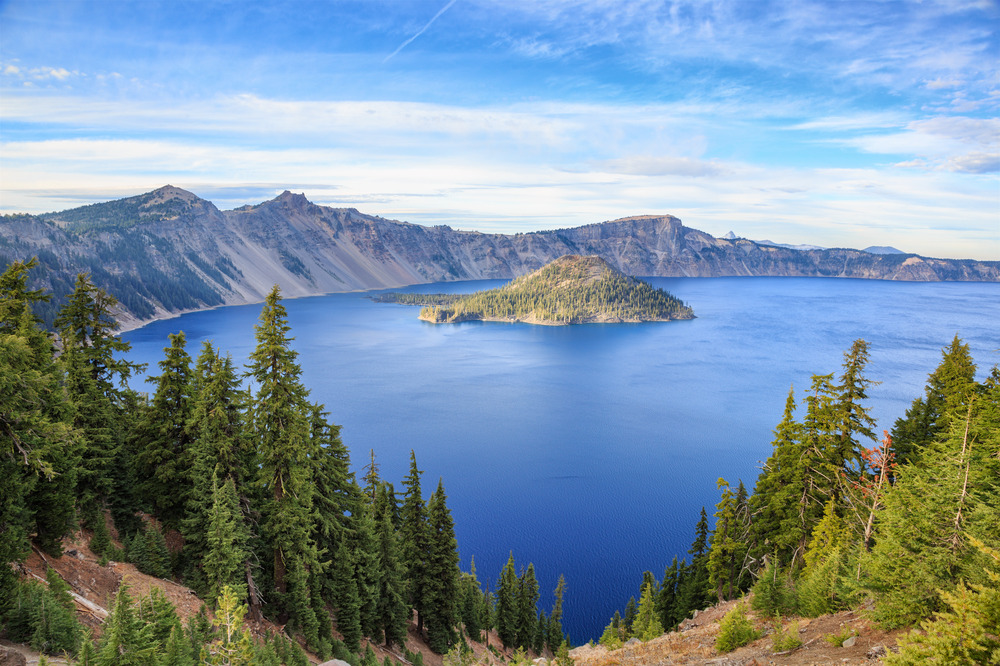 overview of the lake and mountains at Crater Lake National Park panorama, Oregon