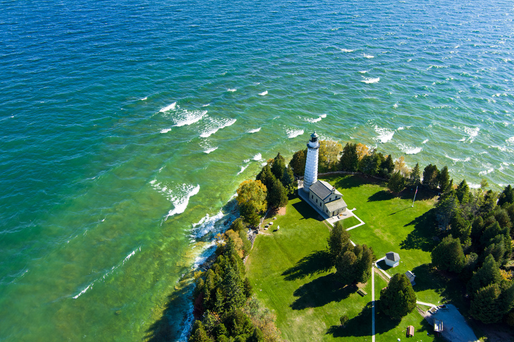 drone photo of Cana lighthouse in Door county in Wisconsin