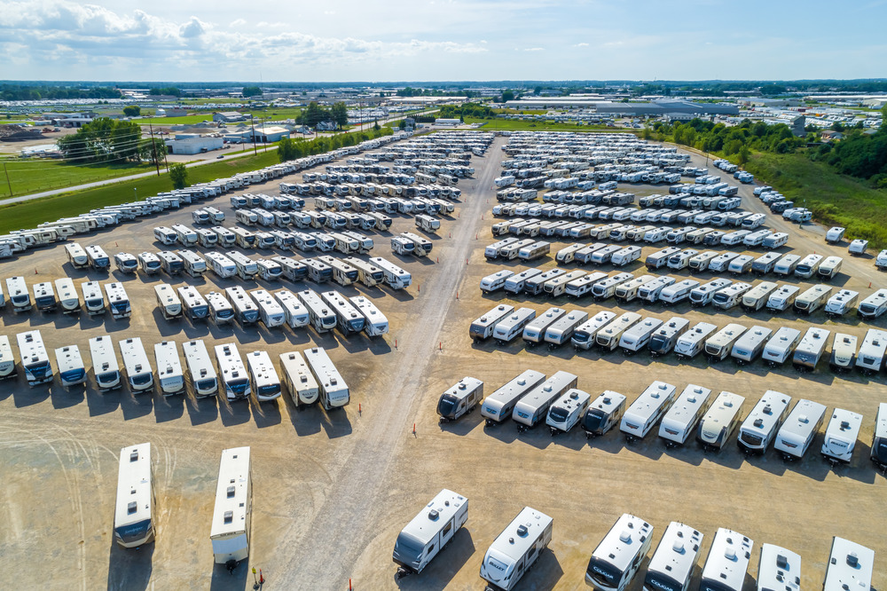 ariel view of a rv storage full of rvs in an open lot.