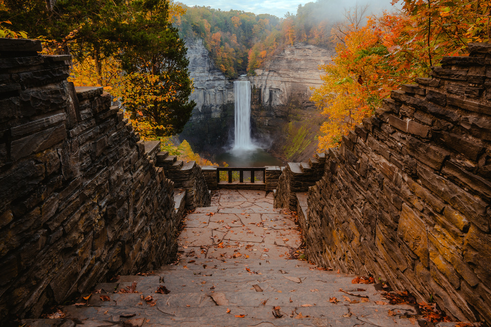 Autumn Fall Foliage Beautiful at the Stone Path Stairs in front of Taughannock Falls in Finger lakes, New York
