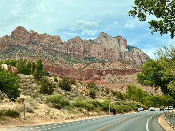 Zion National Park as seen from the road passing by the park. 