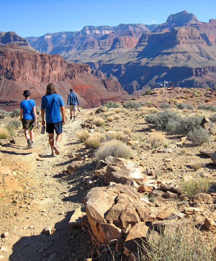 group of people hiking through the grand canyon on bright angel trail