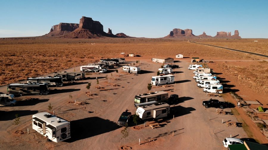An RV campground in Utah showing a variety of different RV types in one place.