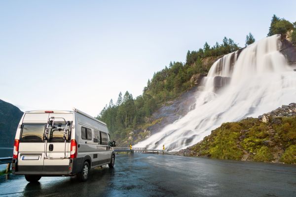 AN rv parked to view a waterfall