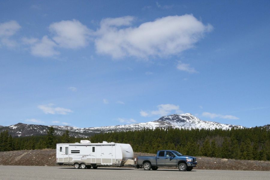 Rv on Winter road with snow