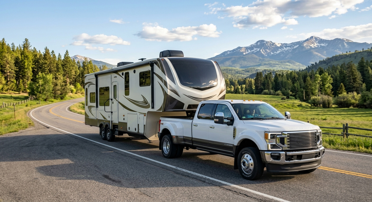 5th wheel RV and Truck on Road
