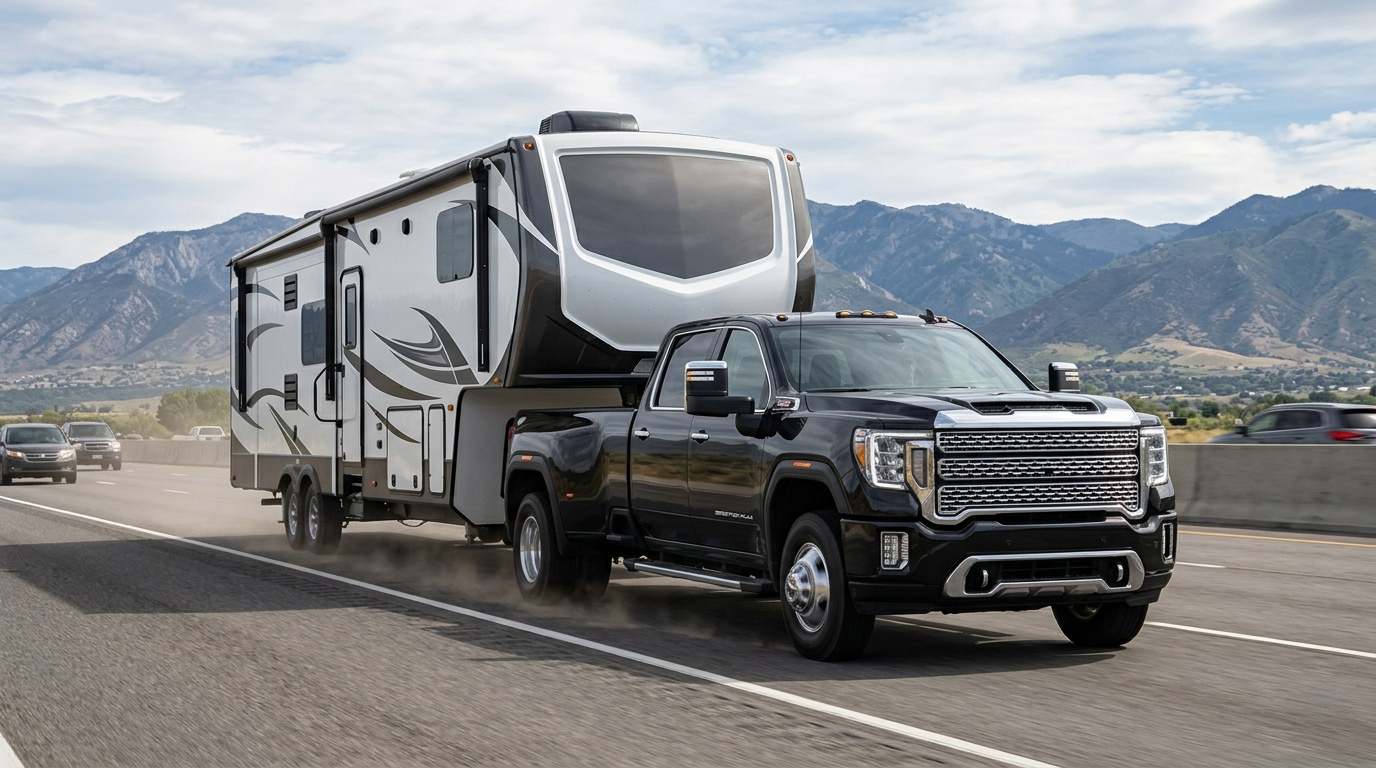 5th wheel RV and Truck on Road