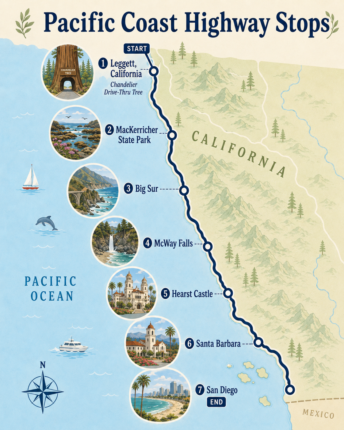 Map outlining summer road trip destinations on the Pacific Coast Highway in California
