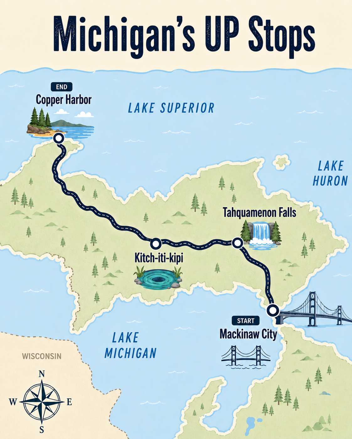 Map outlining summer road trip destinations in Michigan’s U.P. 
