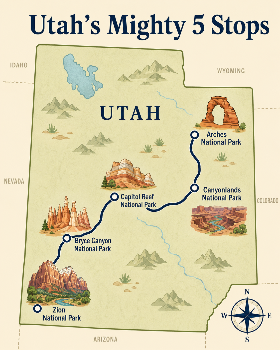 Utah's Mighty 5 Stops on a outlined map. 