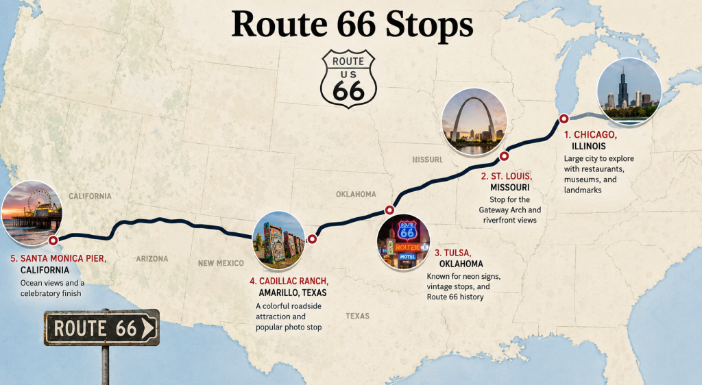 Road map with outlined RV desinations along Route 66 