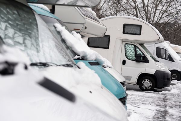 Rvs lines up, parked in the winter